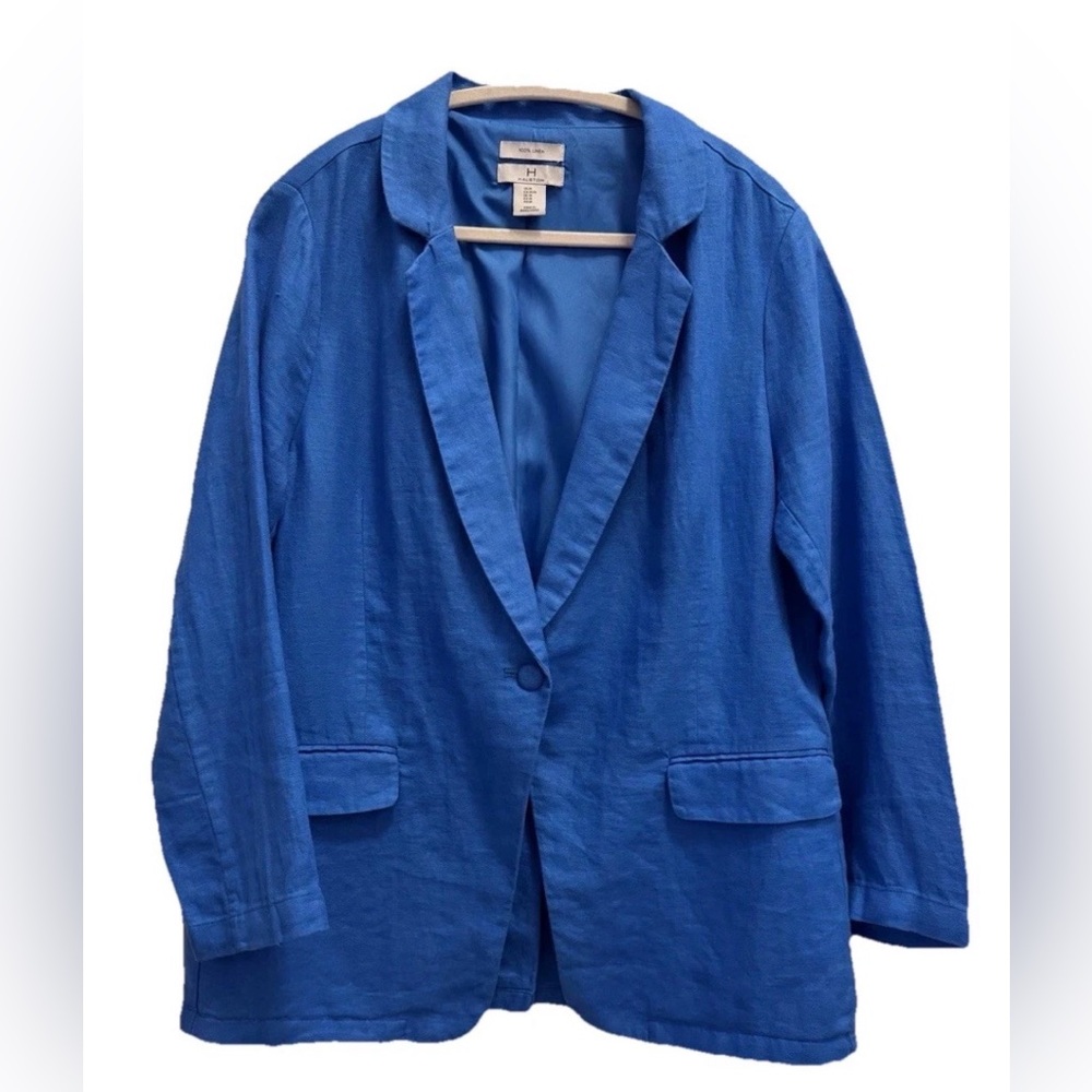 H Halston Linen Blazer Jacket M Cobalt Blue Loose Boxy Coastal Preppy Oversized